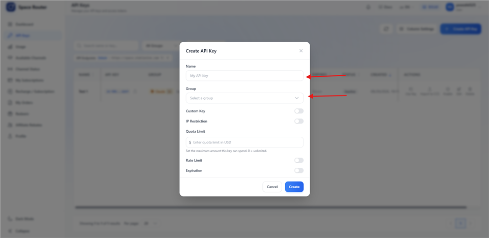 Space Router Create API Key dialog with the Name field and the Group selector